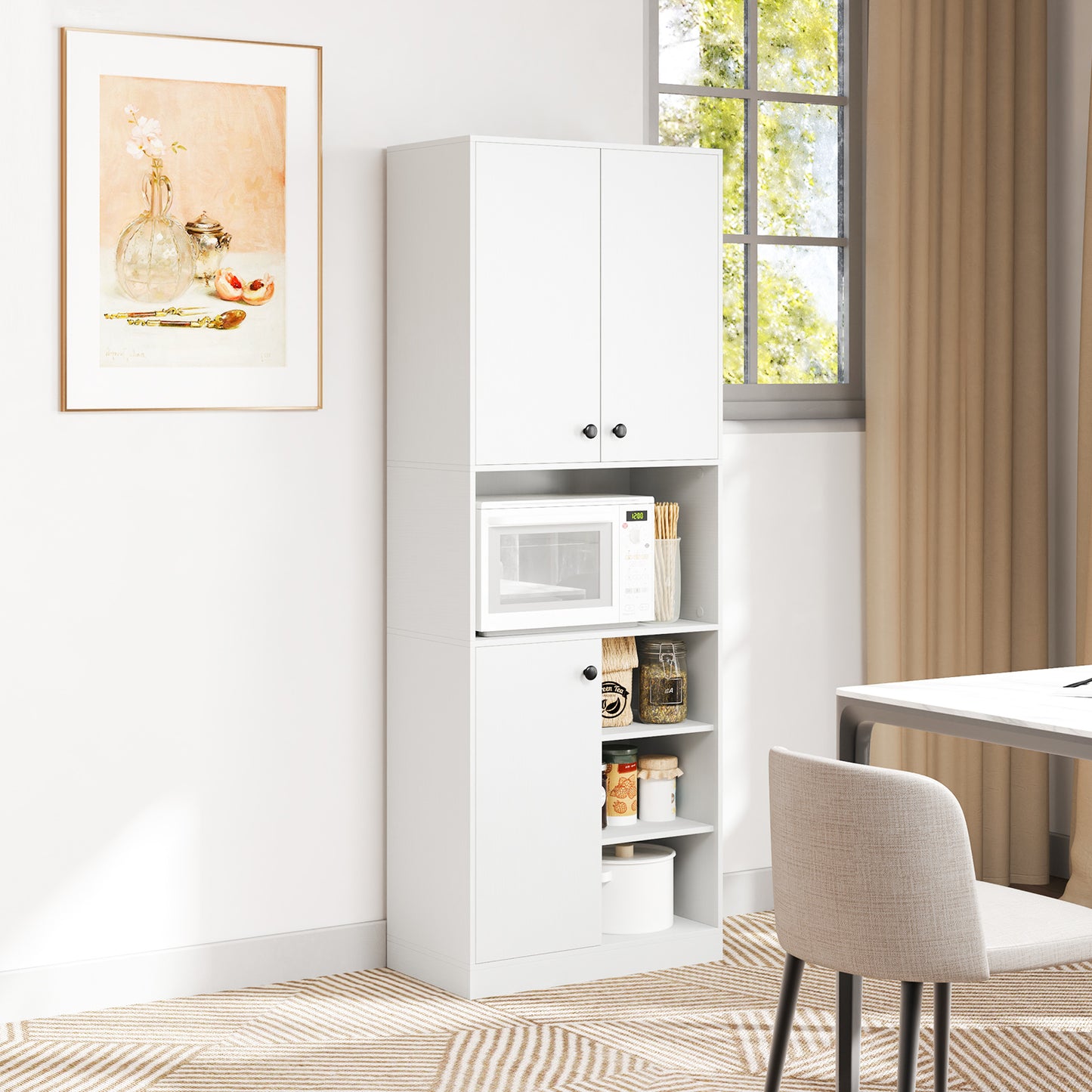 Kitchen Pantry Storage Cabinet with Microwave Stand and Open Shelves-White