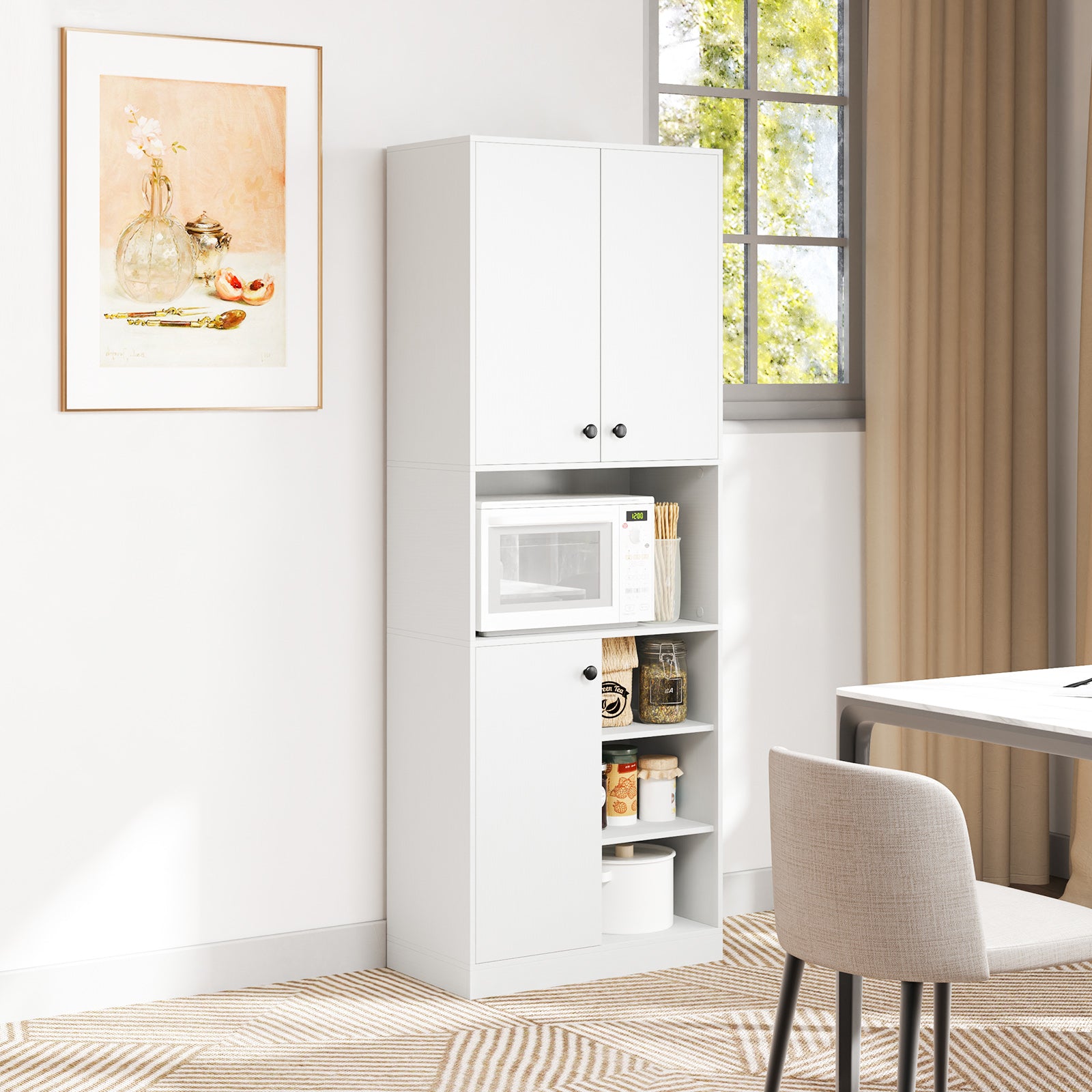 Kitchen Pantry Storage Cabinet with Microwave Stand and Open Shelves-White