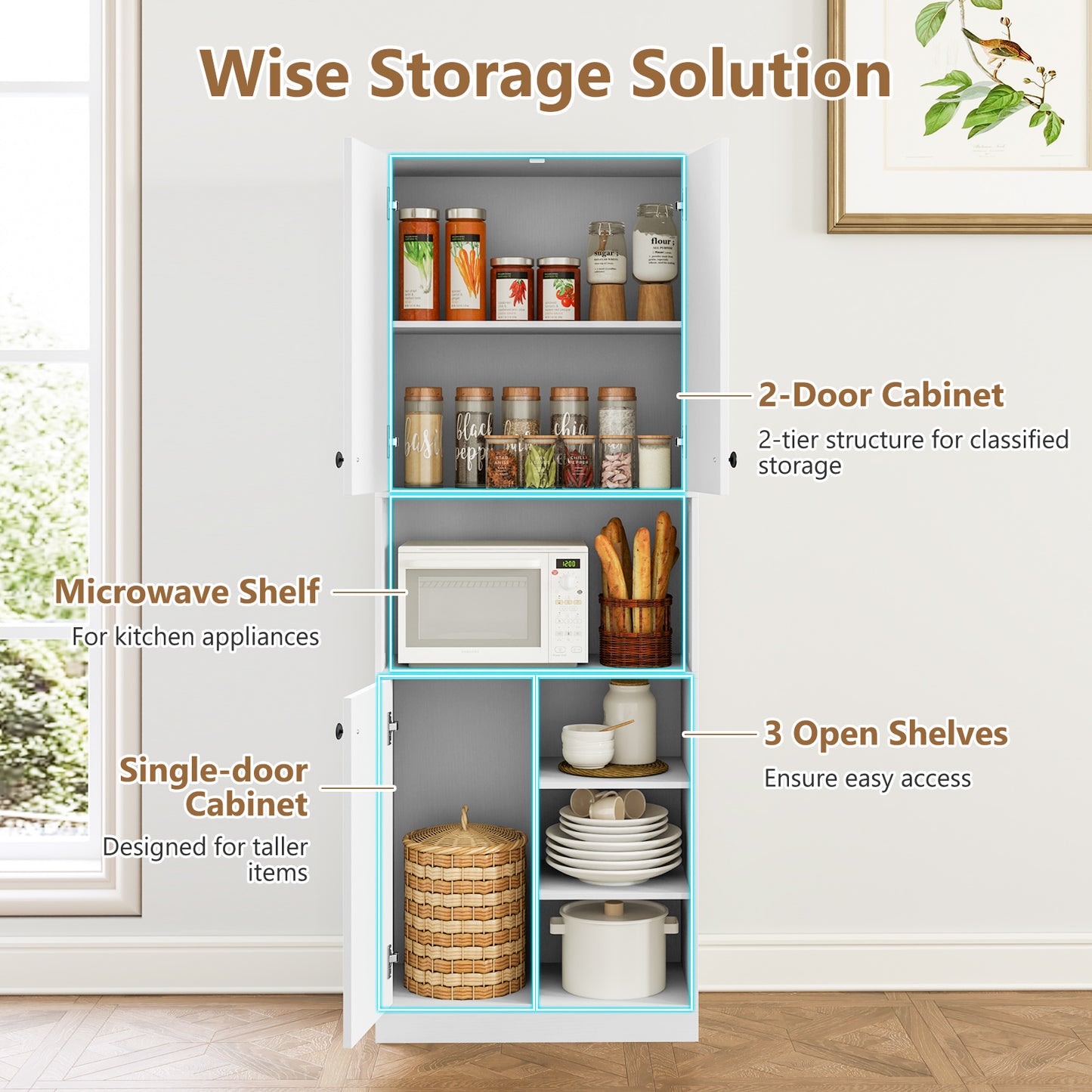 Kitchen Pantry Storage Cabinet with Microwave Stand and Open Shelves-White