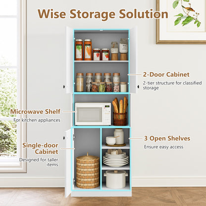 Kitchen Pantry Storage Cabinet with Microwave Stand and Open Shelves-White