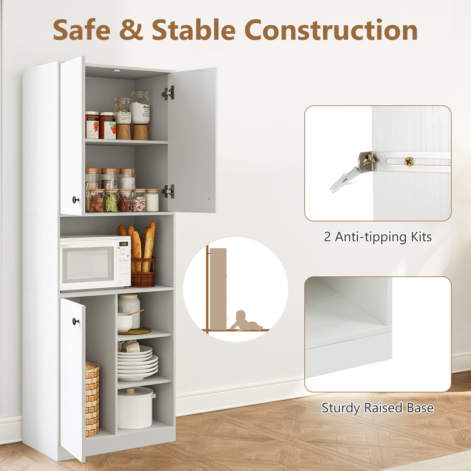 Kitchen Pantry Storage Cabinet with Microwave Stand and Open Shelves-White