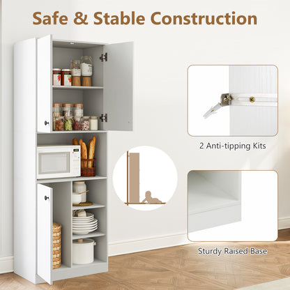 Kitchen Pantry Storage Cabinet with Microwave Stand and Open Shelves-White