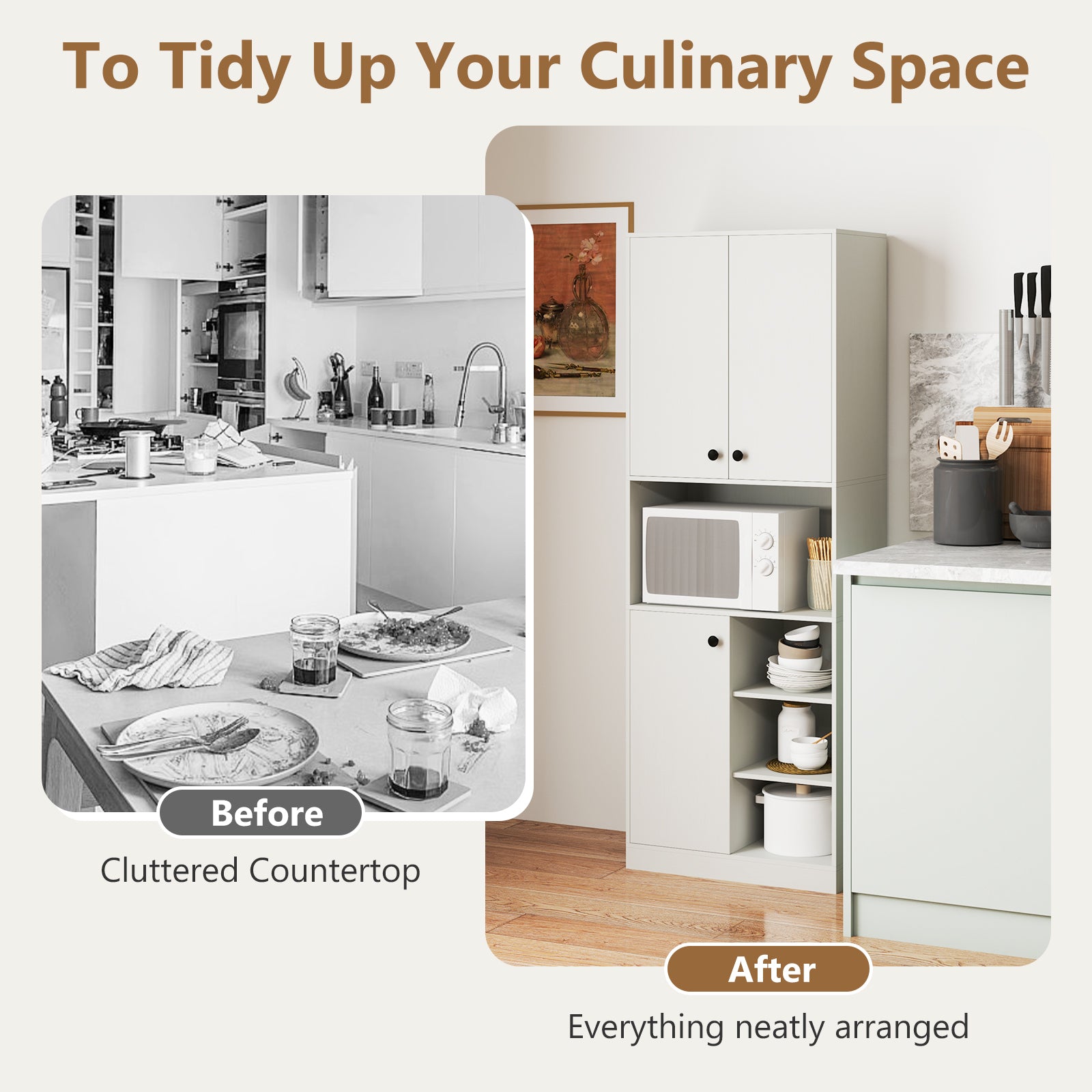 Kitchen Pantry Storage Cabinet with Microwave Stand and Open Shelves-White