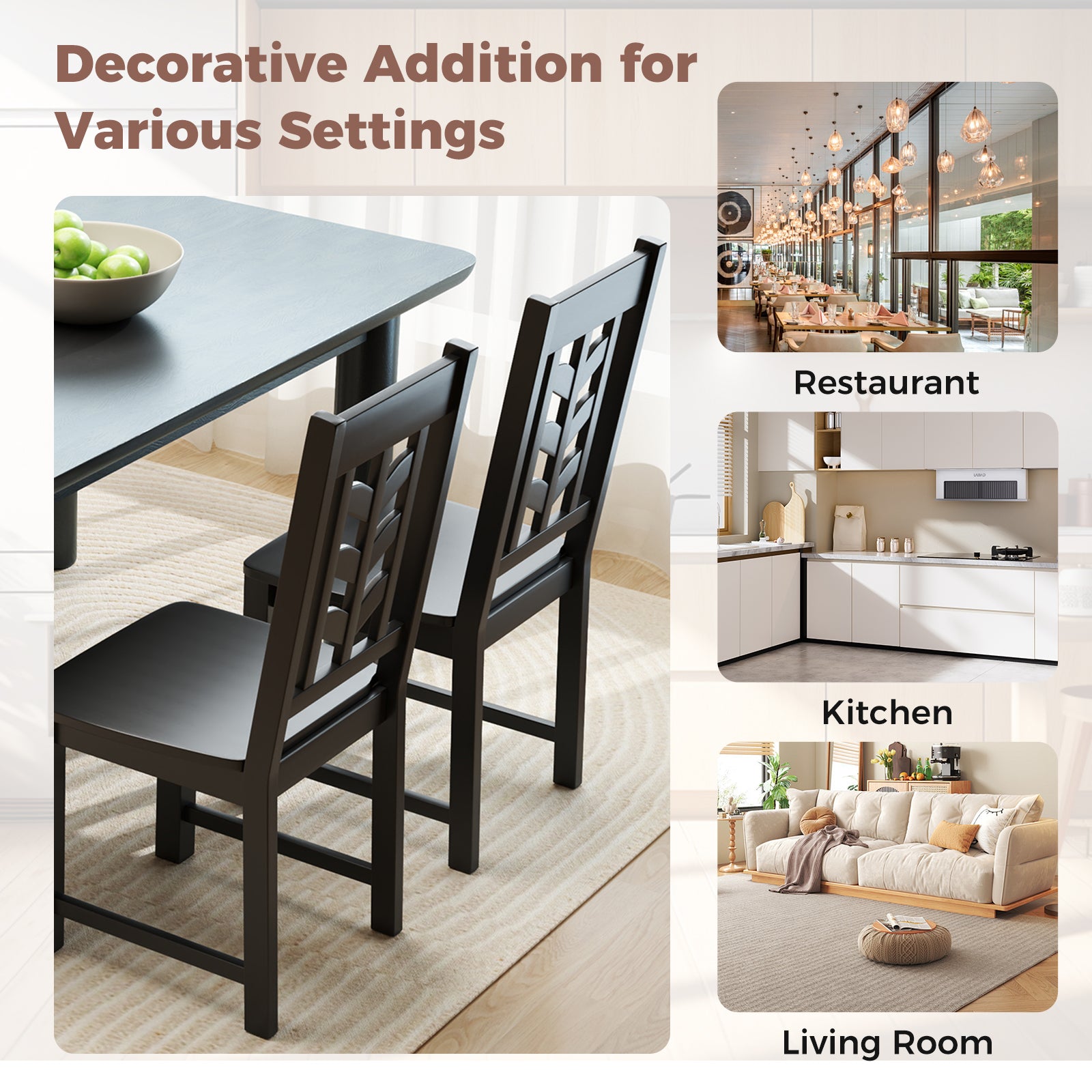 Kitchen Side Dining Chair Set of 2 with Rubber Wood Frame-Black