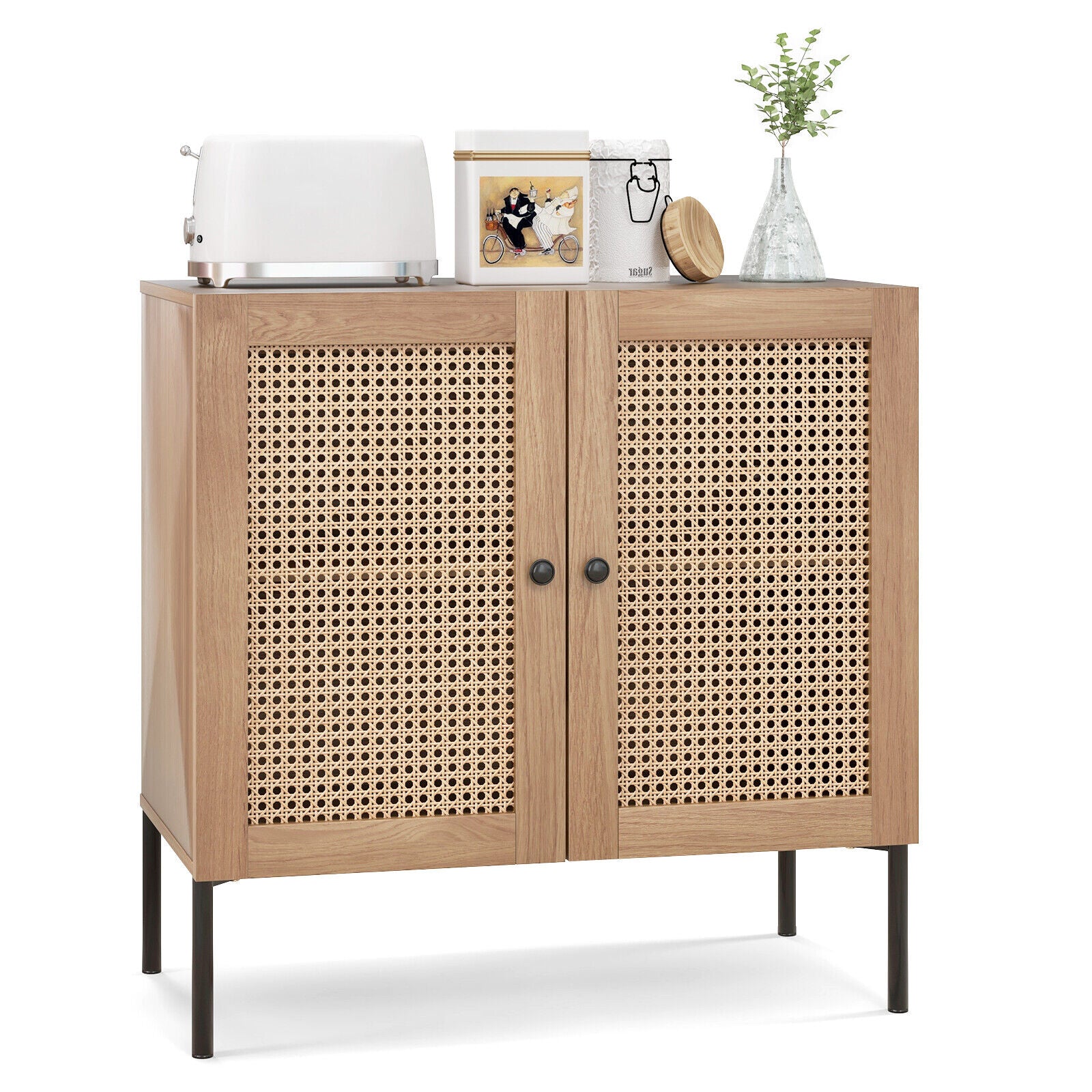 Kitchen Sideboard with 2 Rattan Doors and Adjustable Shelf-Natural - Natural