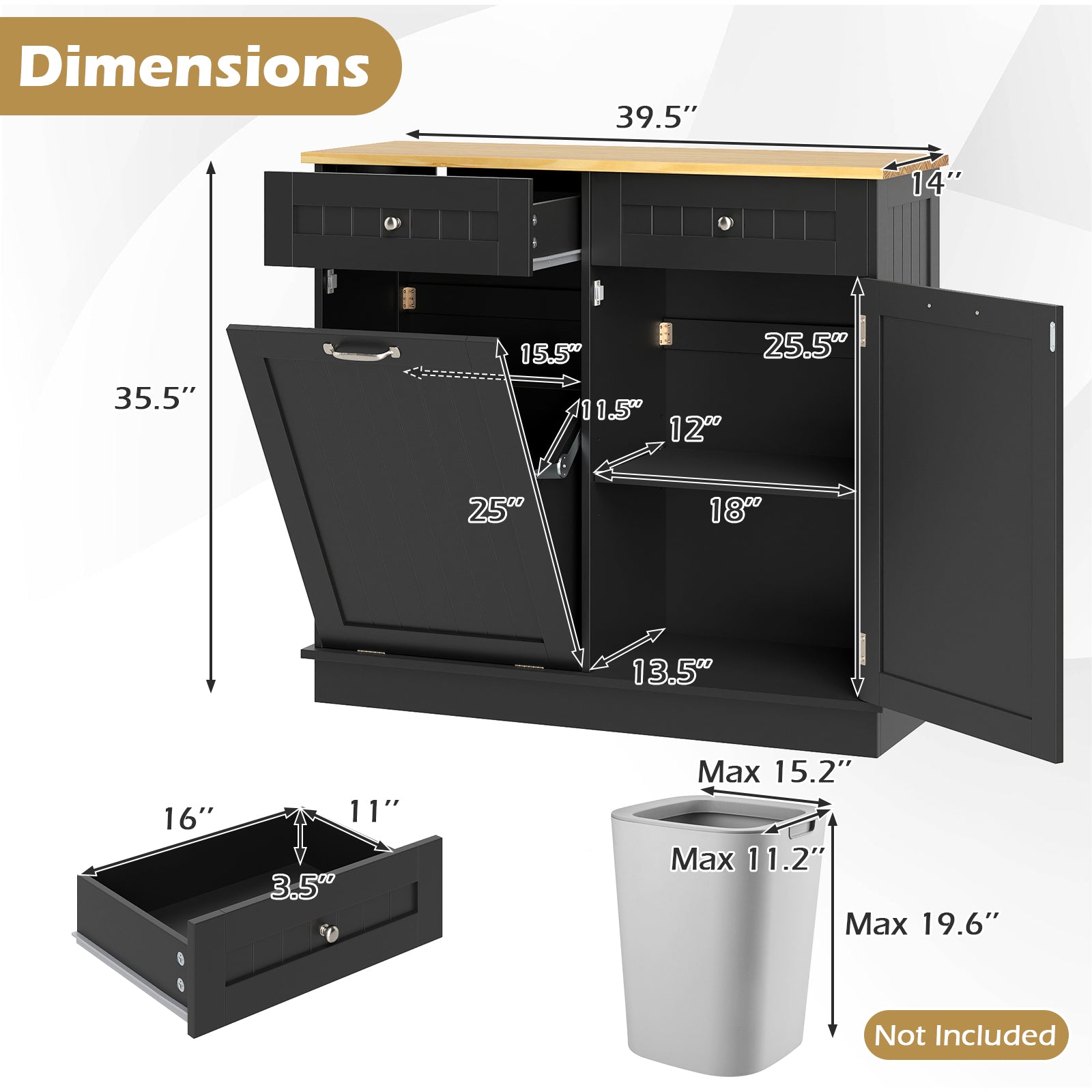 Kitchen Tilt Out Trash Cabinet with 2 Drawers and Adjustable Shelf-Black