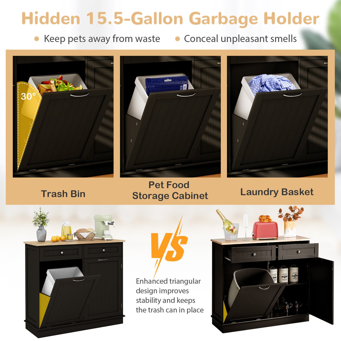 Kitchen Tilt Out Trash Cabinet with 2 Drawers and Adjustable Shelf-Brown