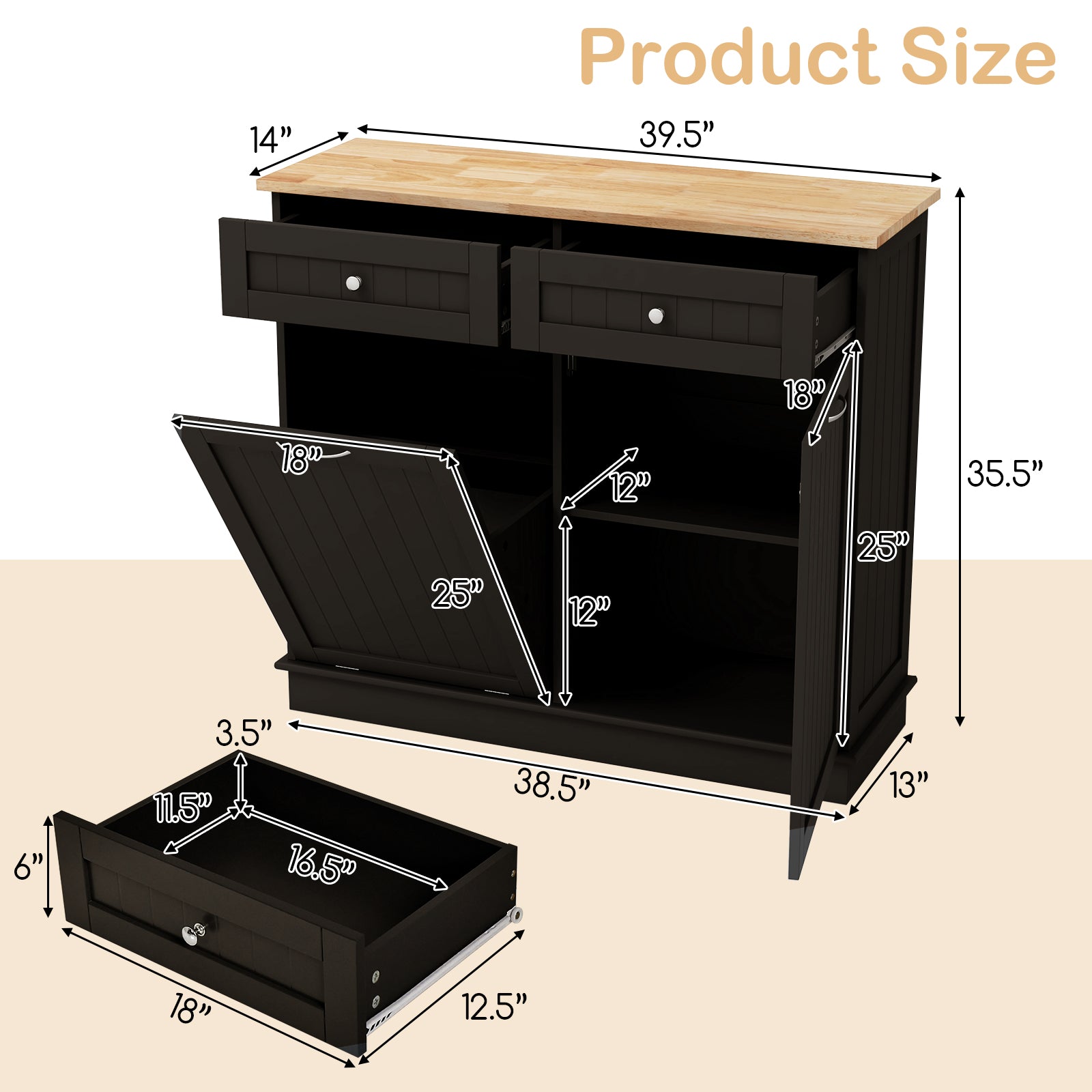 Kitchen Tilt Out Trash Cabinet with 2 Drawers and Adjustable Shelf-Brown