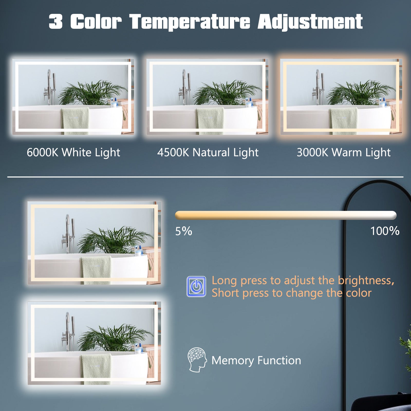 LED Bathroom Mirror Wall Mounted Rectangle Mirror with 3-Color Dimmable Lights-L