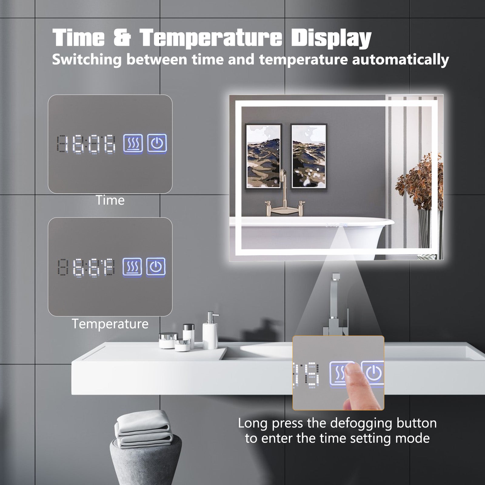 LED Bathroom Mirror Wall Mounted Rectangle Mirror with 3-Color Dimmable Lights-M