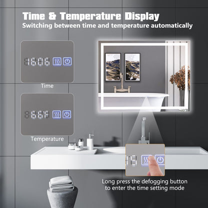 LED Bathroom Mirror Wall Mounted Rectangle Mirror with 3-Color Dimmable Lights-M