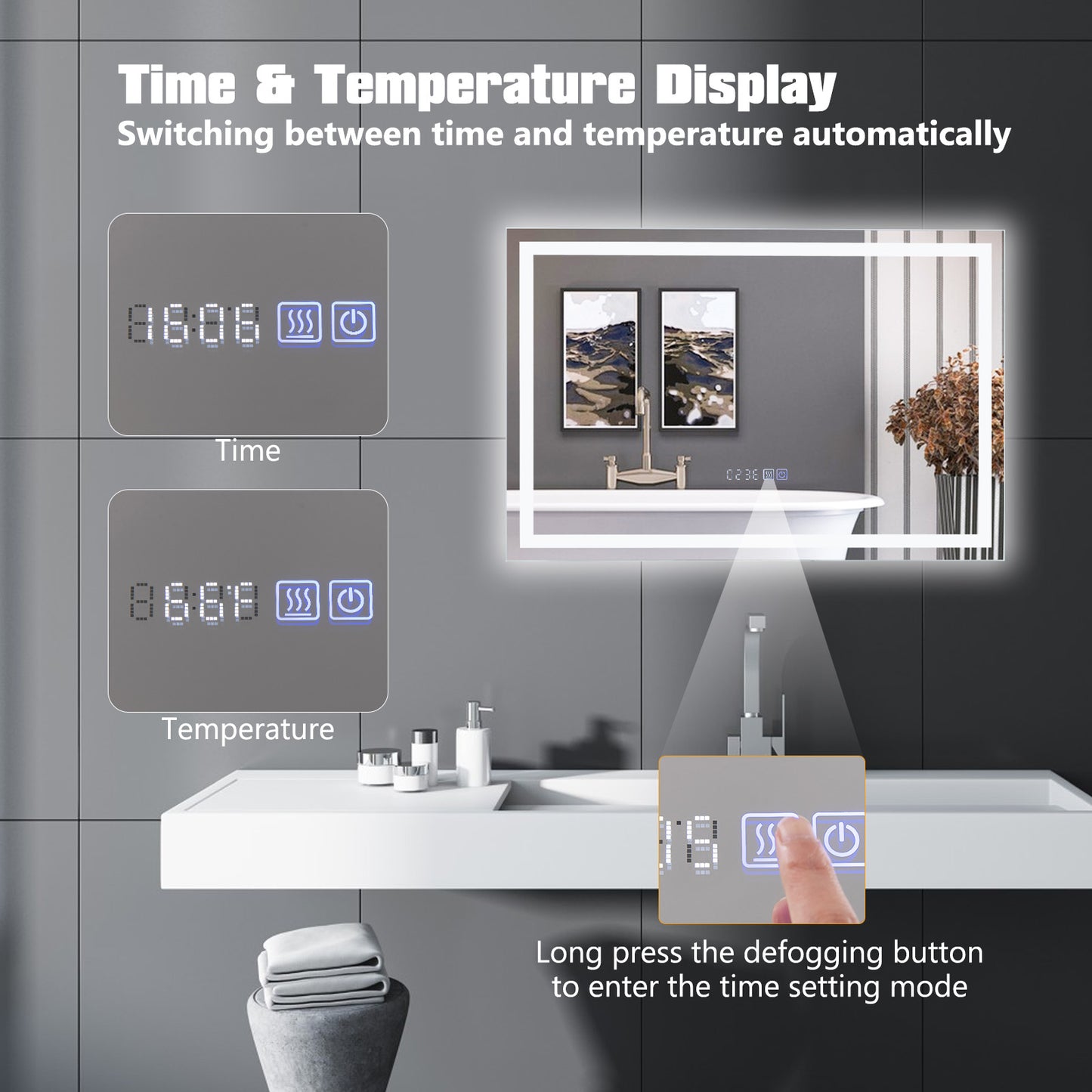 LED Bathroom Mirror Wall Mounted Rectangle Mirror with 3-Color Dimmable Lights-S