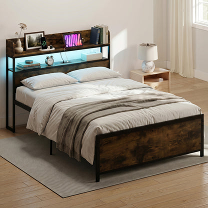 Queen LED Bed Frame with Power Outlets and Storage Headboard