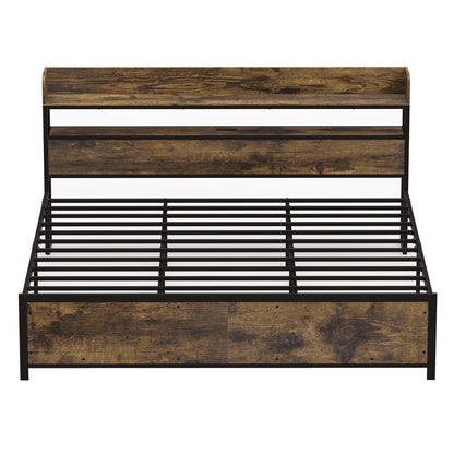 Queen LED Bed Frame with Power Outlets and Storage Headboard