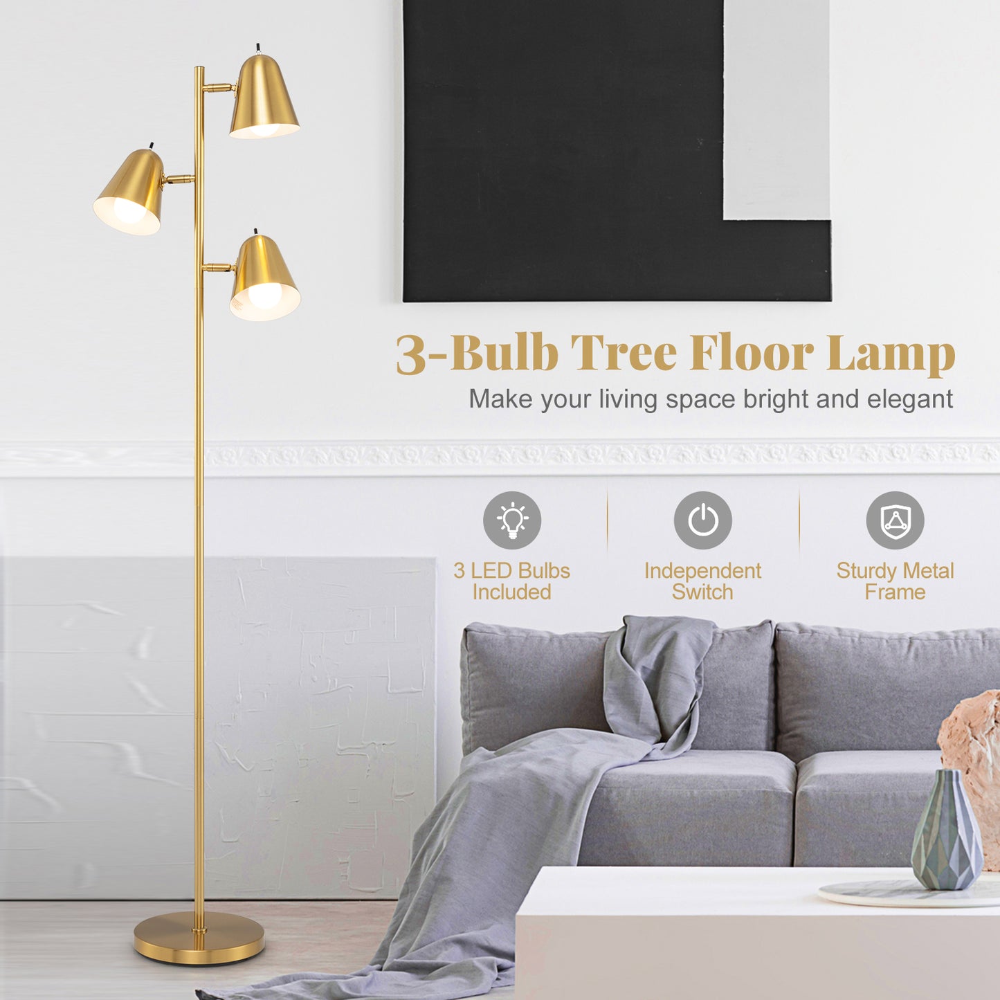 64 Inch 3-Light LED Floor Lamp Reading Light for Living Room Bedroom