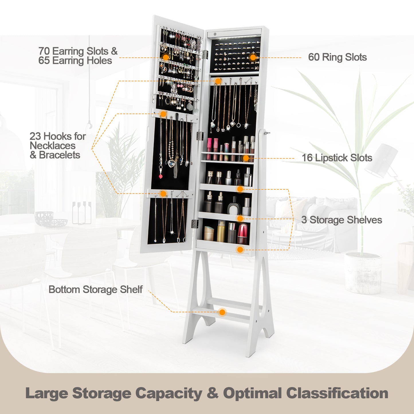 LED Jewelry Cabinet Armoire Organizer with Bevel Edge Mirror