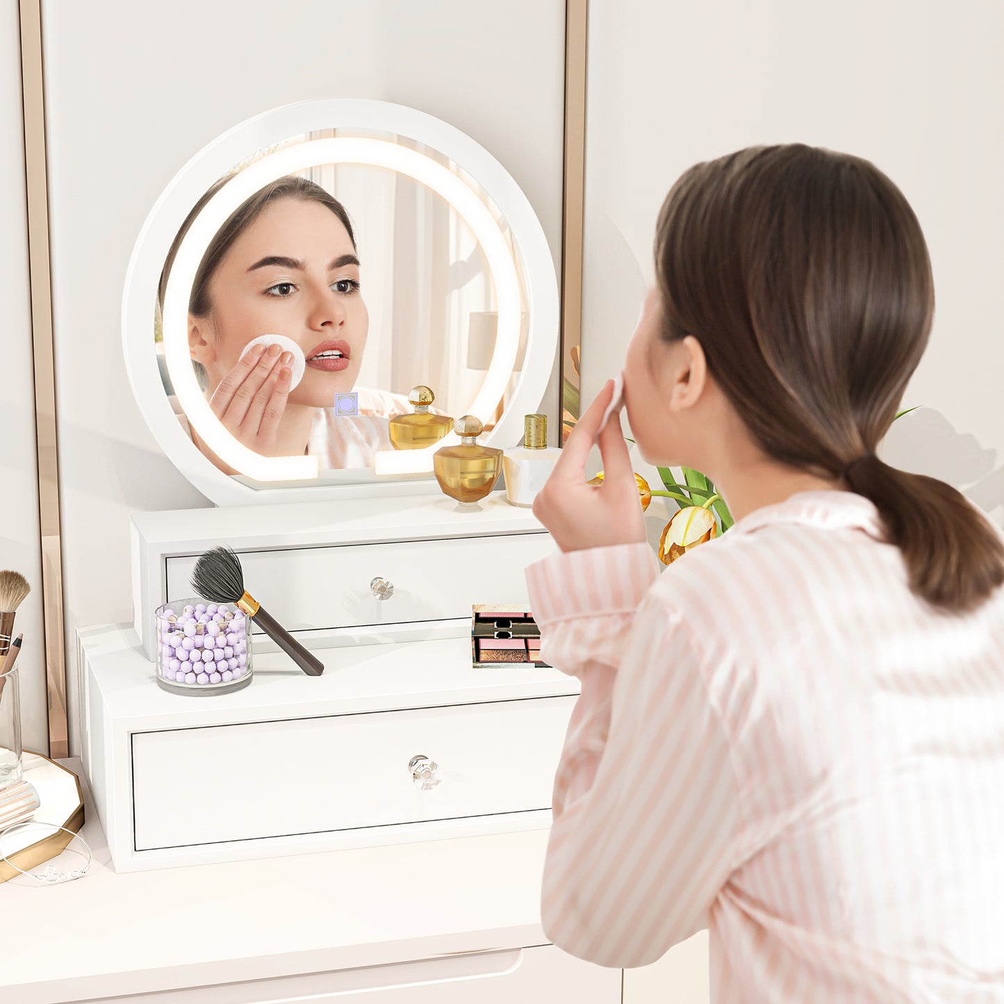 LED Lighted Vanity Mirror for Bedroom Tabletop-White