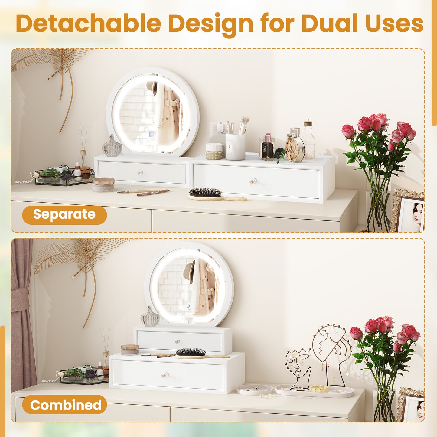 LED Lighted Vanity Mirror for Bedroom Tabletop-White