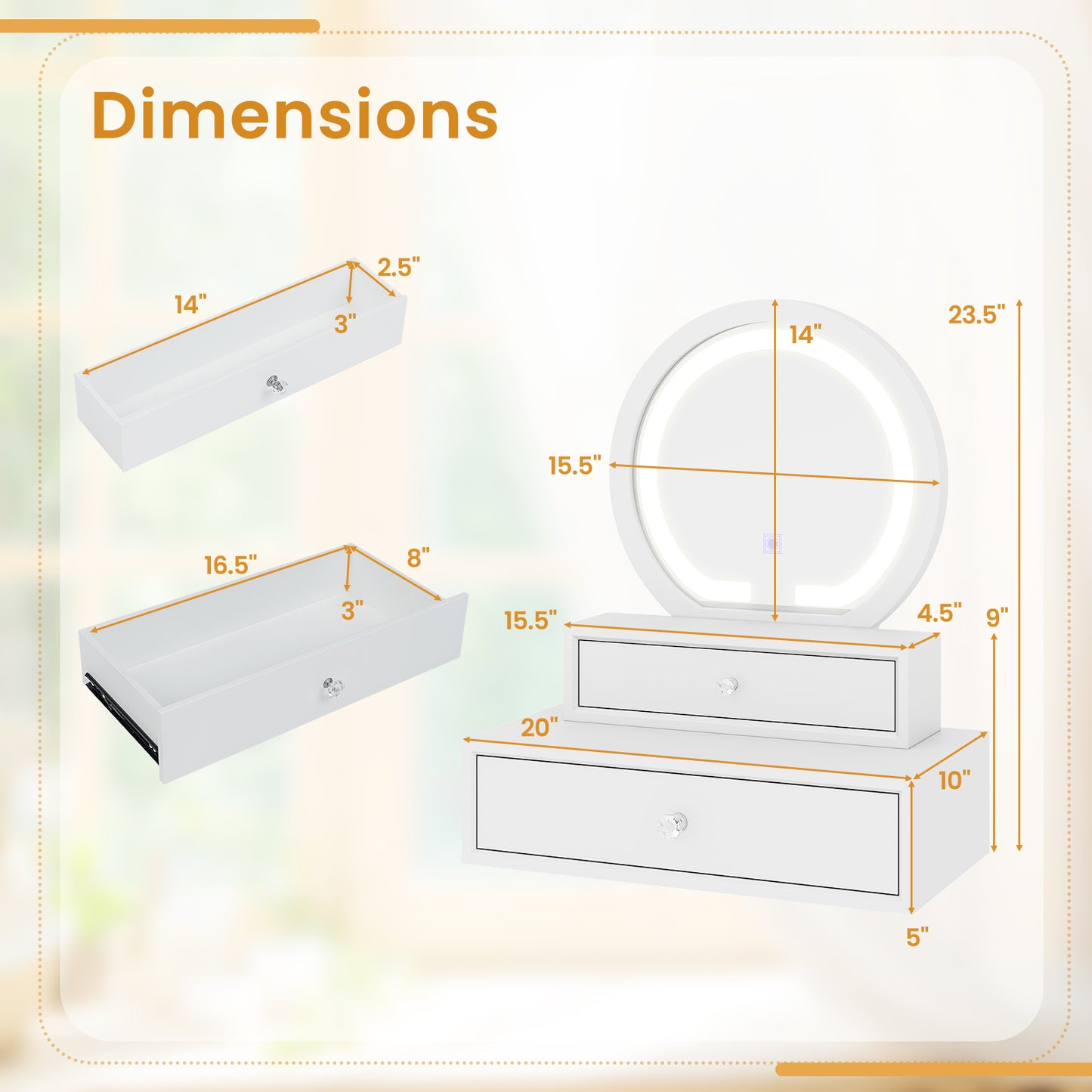 LED Lighted Vanity Mirror for Bedroom Tabletop-White