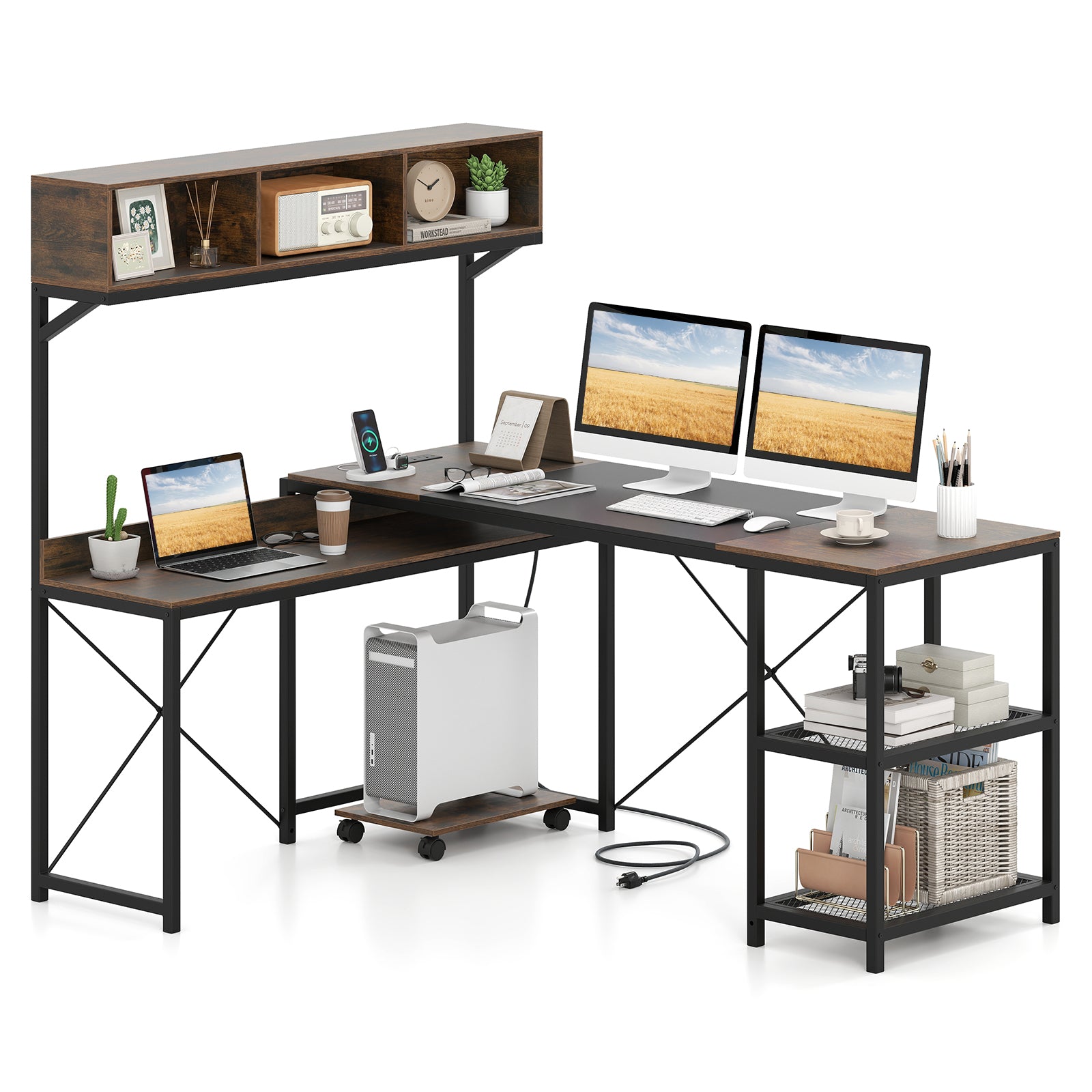 L-Shaped Computer Desk with Power Outlets 62 Inches Corner Desk with Storage Hutch-Brown