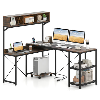 L-Shaped Computer Desk with Power Outlets 62 Inches Corner Desk with Storage Hutch-Brown