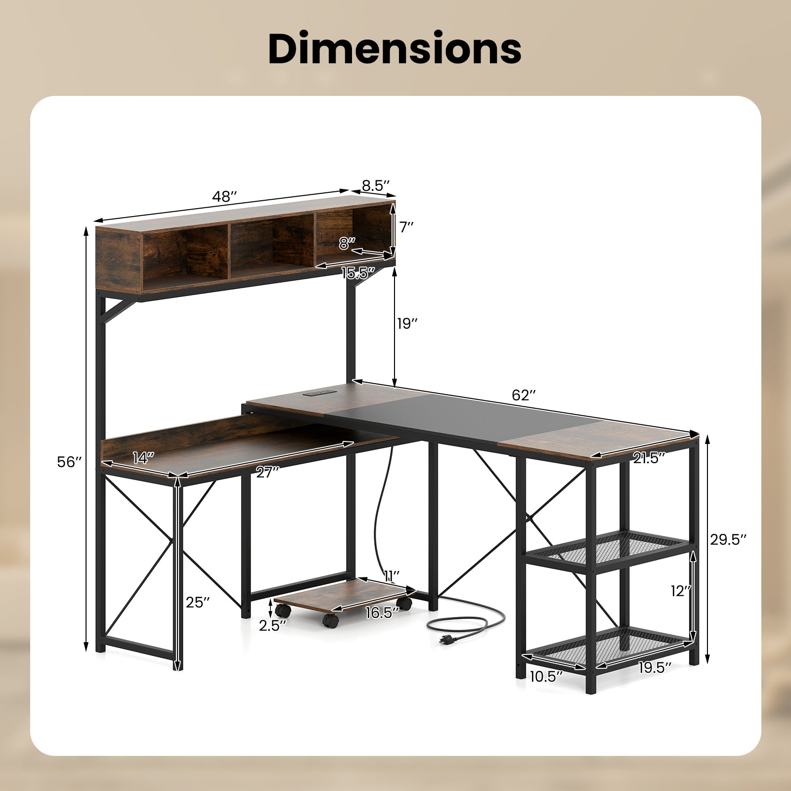 L-Shaped Computer Desk with Power Outlets 62 Inches Corner Desk with Storage Hutch-Brown