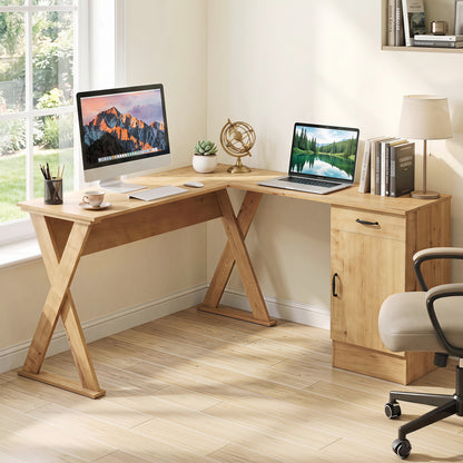 L-Shaped Computer Desk with Reversible Drawer and Cabinet