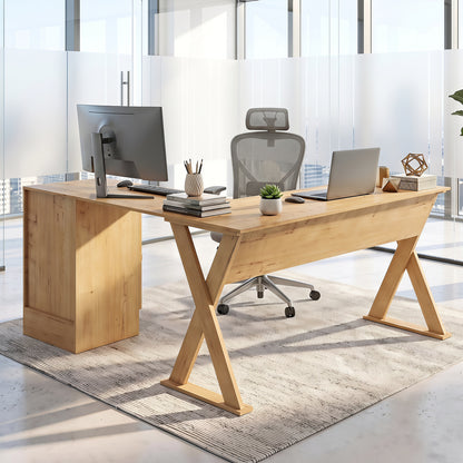 L-Shaped Computer Desk with Reversible Drawer and Cabinet