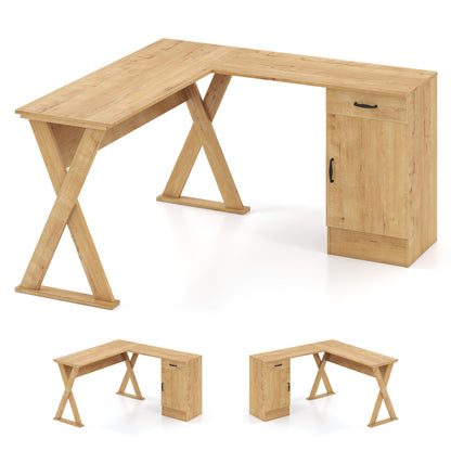 L-Shaped Computer Desk with Reversible Drawer and Cabinet