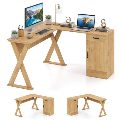 L-Shaped Computer Desk with Reversible Drawer and Cabinet