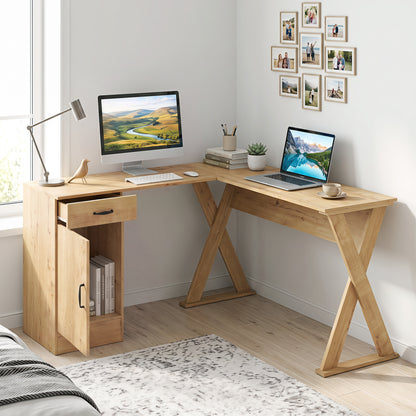 L-Shaped Computer Desk with Reversible Drawer and Cabinet