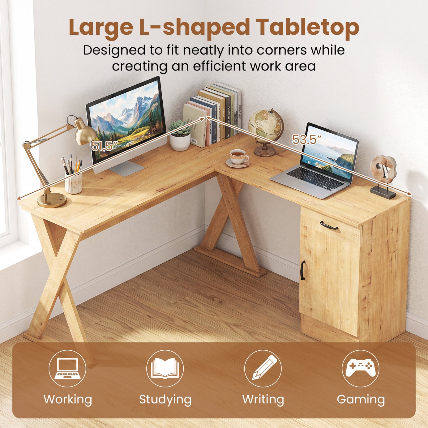 L-Shaped Computer Desk with Reversible Drawer and Cabinet