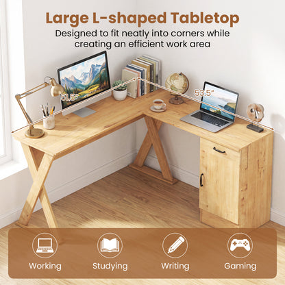 L-Shaped Computer Desk with Reversible Drawer and Cabinet