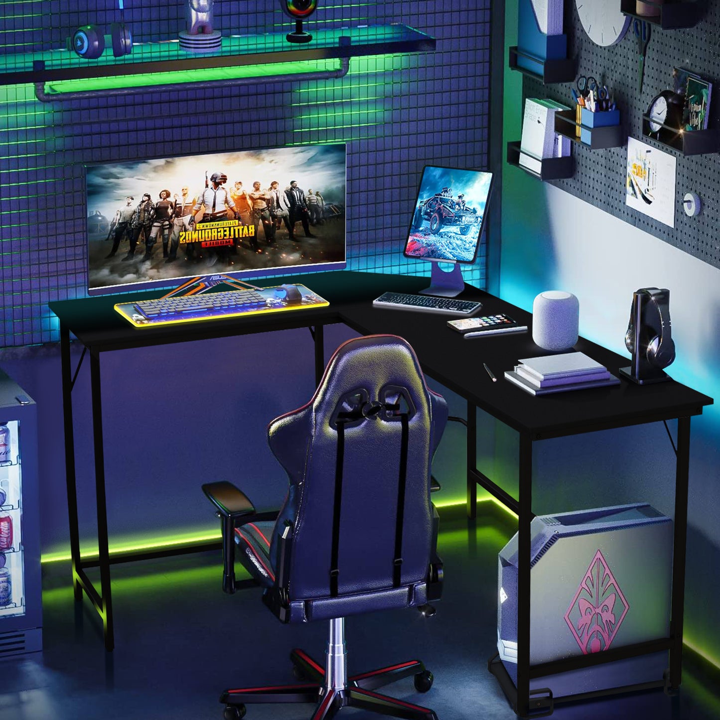 L-Shaped Computer Desk with CPU Stand Power Outlets and USB Ports-Black