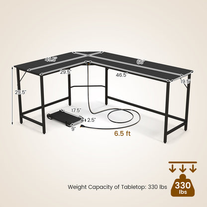 L-Shaped Computer Desk with CPU Stand Power Outlets and USB Ports-Black