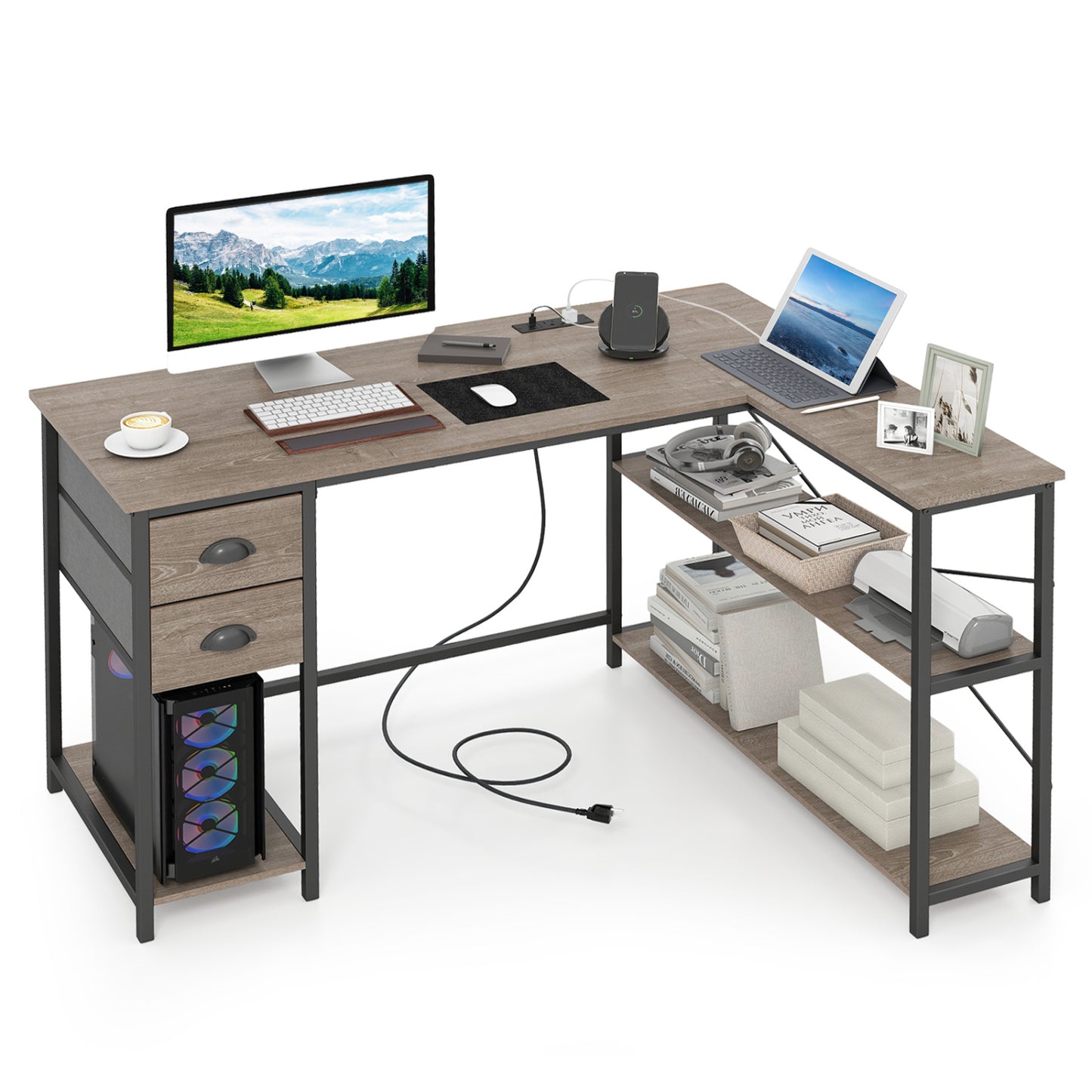 L Shaped Desk with Charging Station Corner Computer Desk with 2 Fabric Drawers