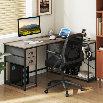 L Shaped Desk with Charging Station Corner Computer Desk with 2 Fabric Drawers