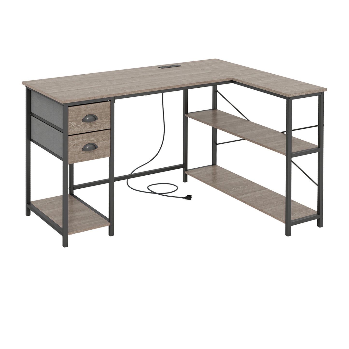 L Shaped Desk with Charging Station Corner Computer Desk with 2 Fabric Drawers