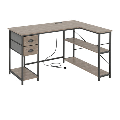 L Shaped Desk with Charging Station Corner Computer Desk with 2 Fabric Drawers