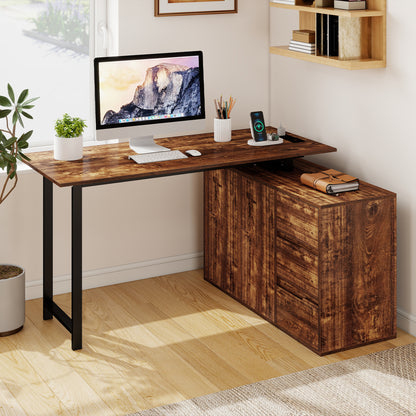 L-Shaped Desk with File Cabinet and Power Outlet Reversible Corner Computer Desk