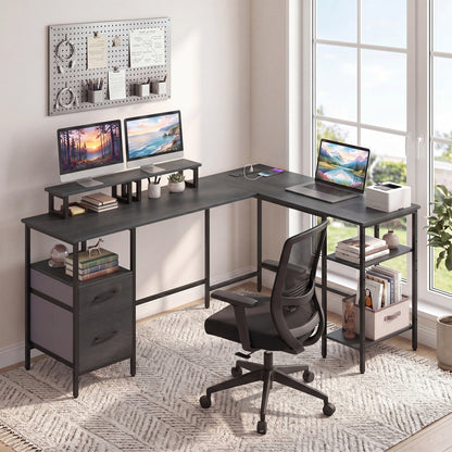 L Shaped Desk with Power Outlet Reversible Computer Desk with Monitor Stands