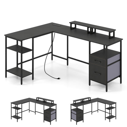 L Shaped Desk with Power Outlet Reversible Computer Desk with Monitor Stands