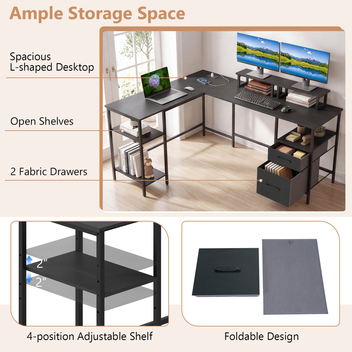 L Shaped Desk with Power Outlet Reversible Computer Desk with Monitor Stands