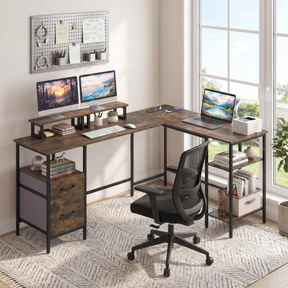 L-Shaped Desk with Power Outlet and Monitor Stands
