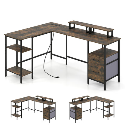 L-Shaped Desk with Power Outlet and Monitor Stands