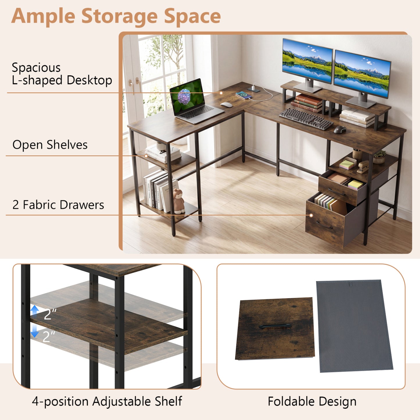 L-Shaped Desk with Power Outlet and Monitor Stands