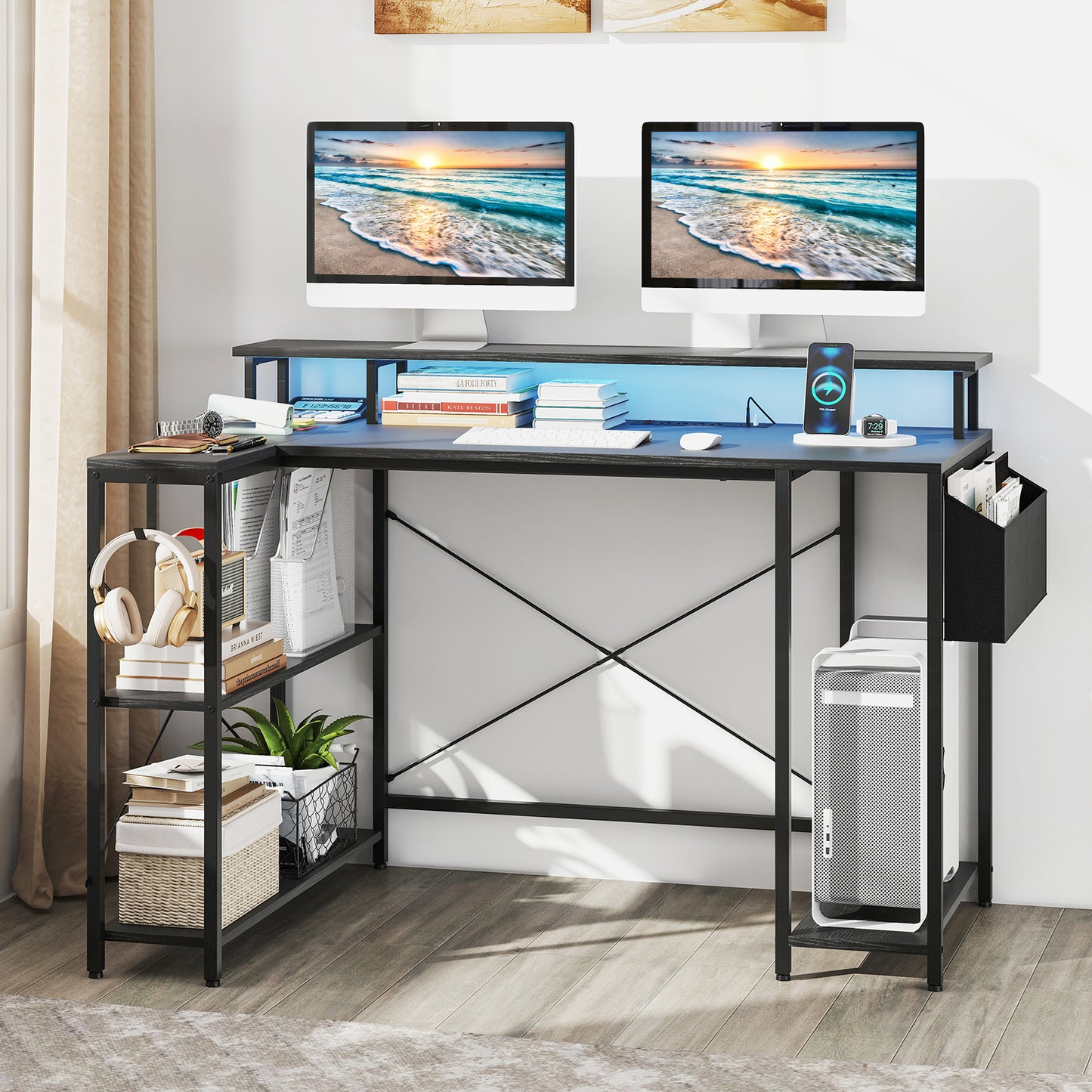 L-Shaped Gaming Desk with LED Lights and Power Outlets-Black