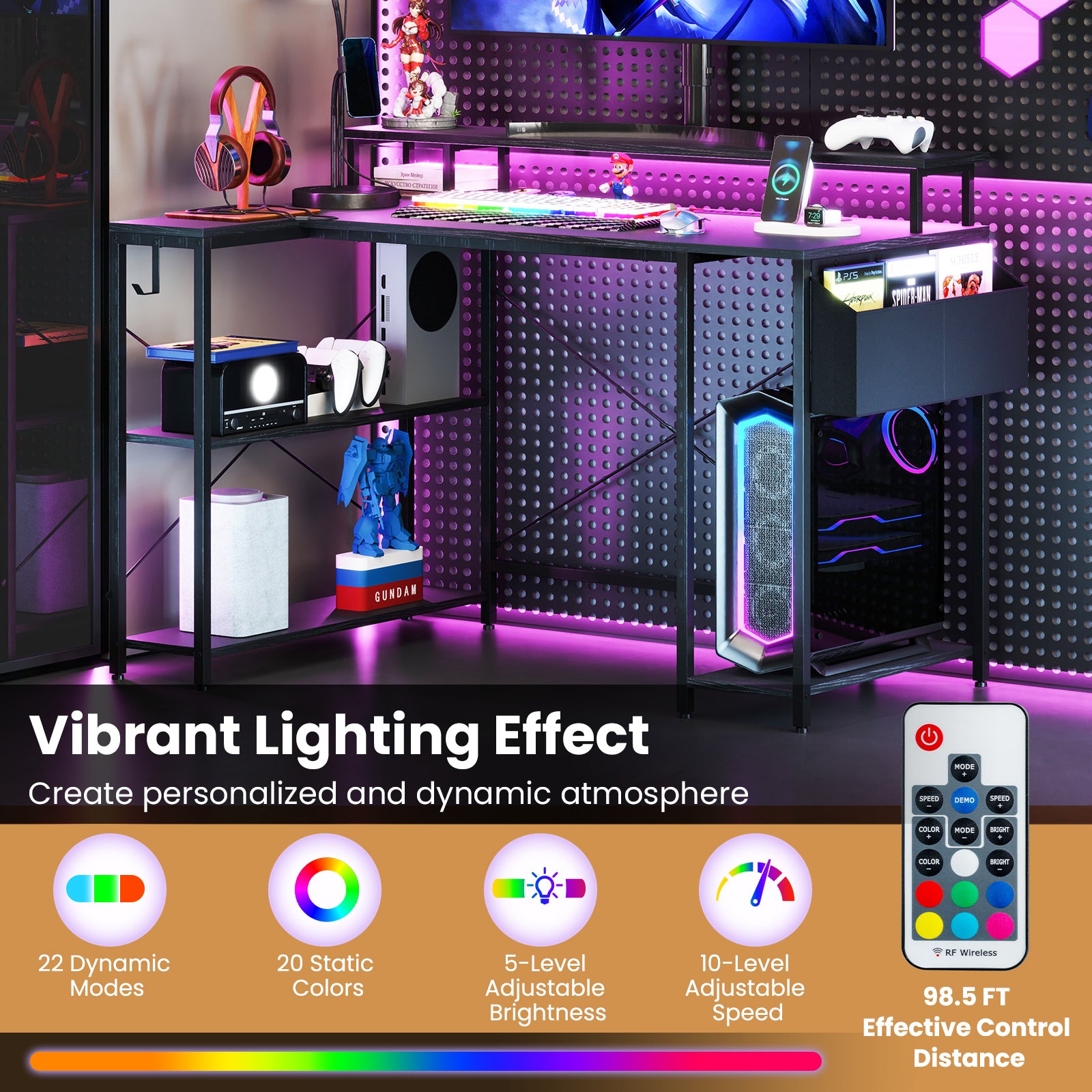 L-Shaped Gaming Desk with LED Lights and Power Outlets-Black