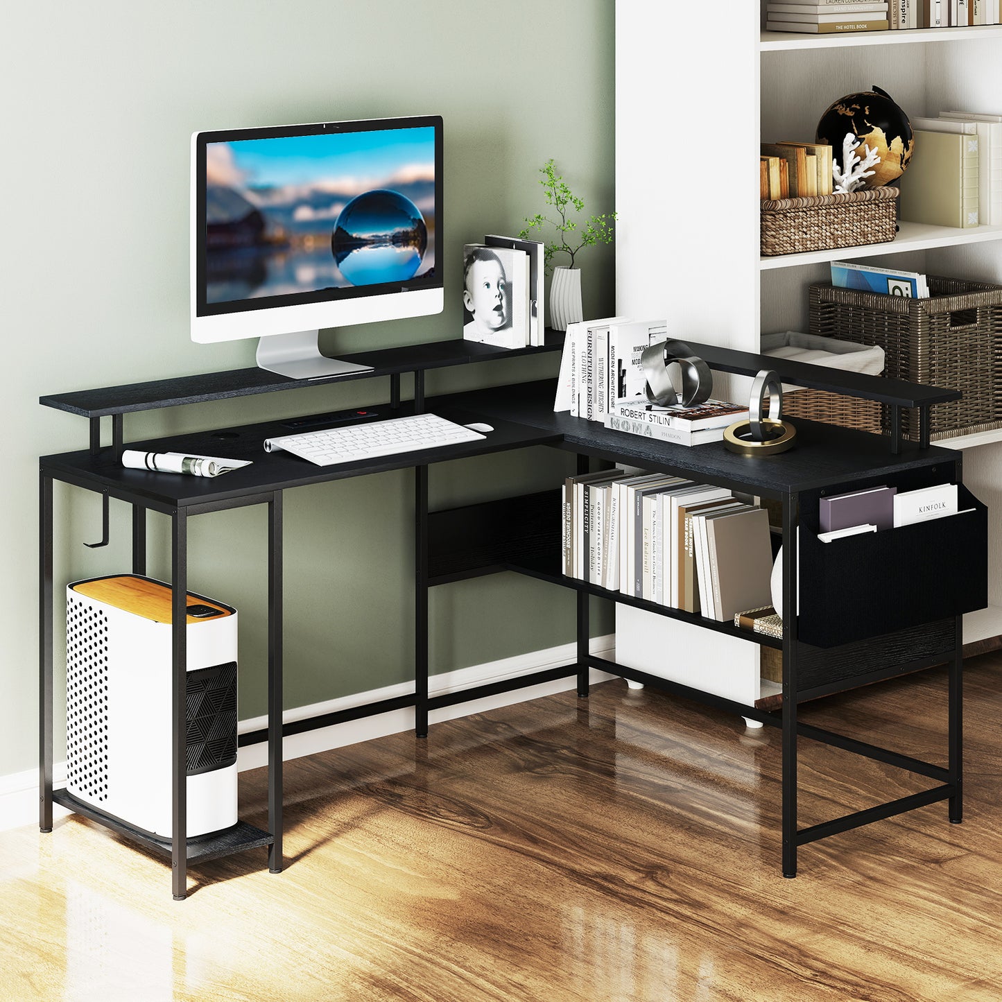 L-Shaped Gaming Desk with LED Lights and Power Outlets Home Office Computer Desk-Black