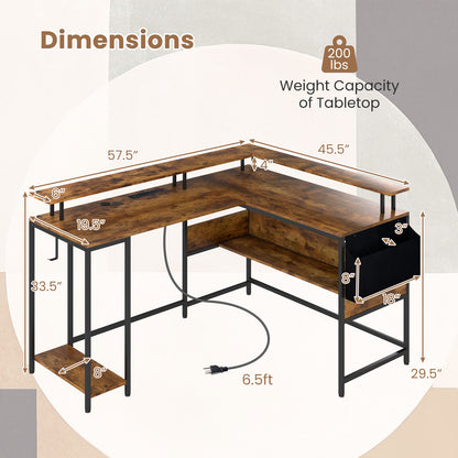 L-Shaped Gaming Desk with LED Lights and Power Outlets Home Office Computer Desk-Rustic Brown